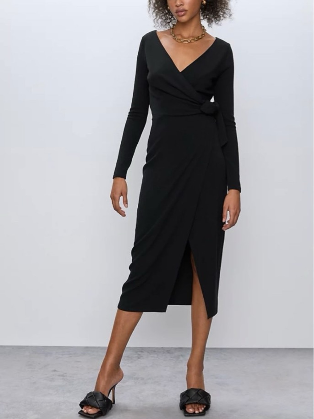 Babaton Black Long-Sleeve Wrap Midi Dress